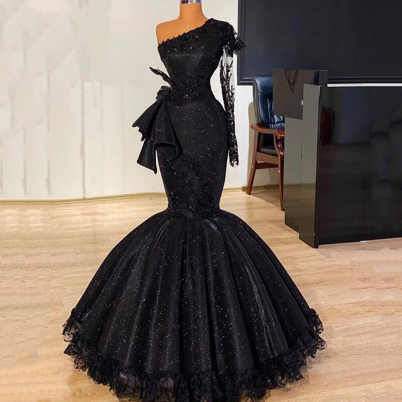 Black Saudi Arabic Sequined Prom Dresses Designer One Shoulder Long Sleeve Evening Gowns Lace Robe De Soiree Arabic Couture Gown