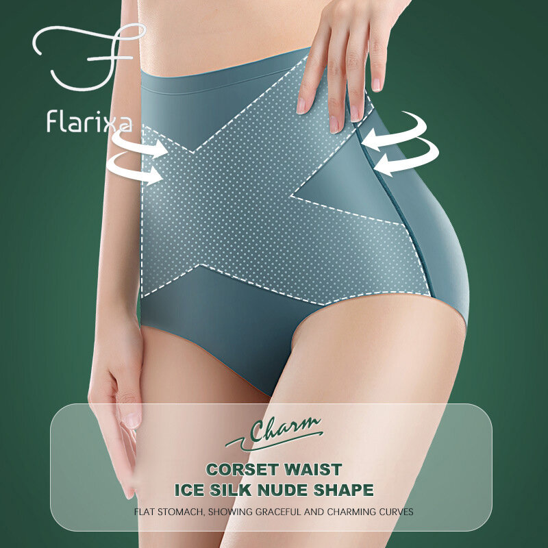 Flarixa 2022 Ice Silk Seamless Panties High Waist Flat Belly Women's Panties Strong Body Shaping Pants 3D Hip Lift Briefs L-XXL
