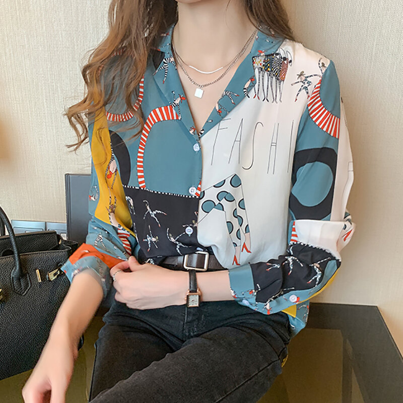 Shintimes camicetta di Chiffon camicia con stampa di cartoni animati intagliata manica lunga da donna 2022 autunno Streetwear abiti top da donna Chemisier Femme