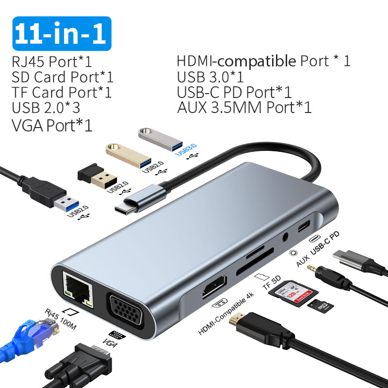 USB C Hub ประเภท C ถึง HDMI RJ45 5/6/8/11พอร์ต Dock PD TF SD AUX Usb Hub 3 0 Splitter สำหรับ MacBook Air Pro PC HUB