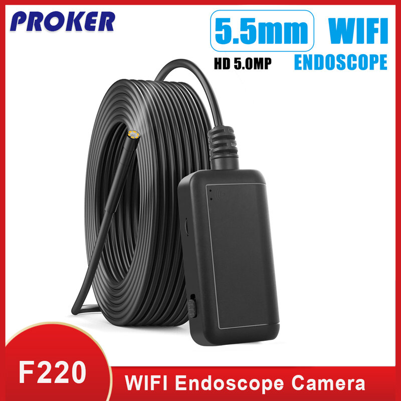 Proker WIFI Endoscope Camera IP67 Waterproof Hard Cable Inspection Cameras 5.5mm 6 LED Endoscope Borescope for IOS Android F220