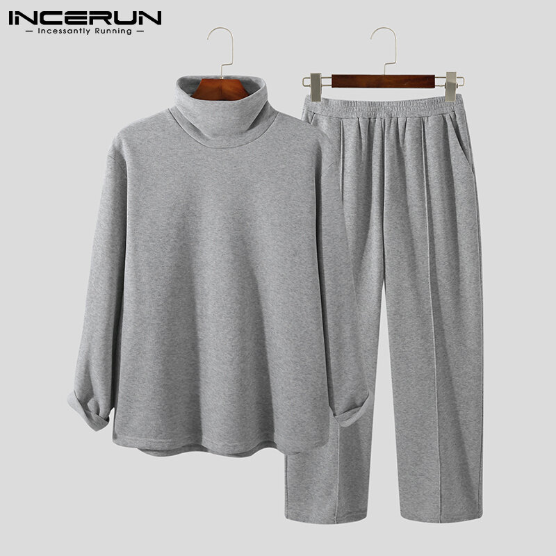 INCERUN 2021 New Male High-neck Solid Comfortable Long-sleeved Trousers Mens All-match Loose Fashion Sport Sweatshirt Suit S-5XL