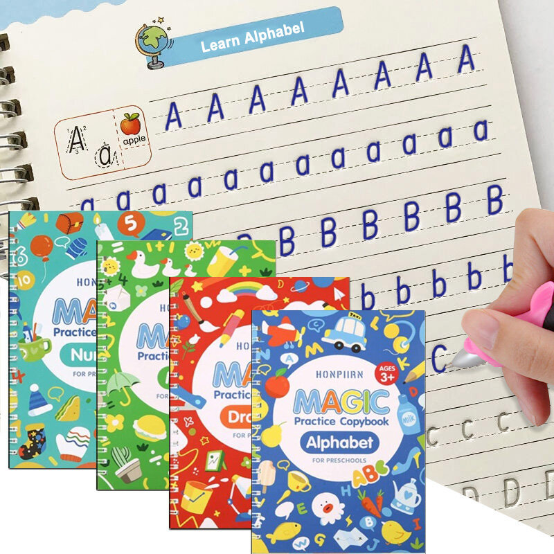 Cuaderno de práctica de caligrafía para niños, 4 Libros reutilizables 3D Groove Magic, aprendizaje de caligrafía, pintura en inglés, escritura