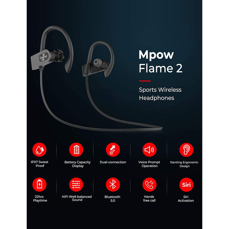 Mpow-auriculares inalámbricos Flame 2 con Bluetooth, dispositivo de audio IPX7, resistente al agua, con micrófono y cancelación de ruido CVC6.0, para deportes y gimnasio