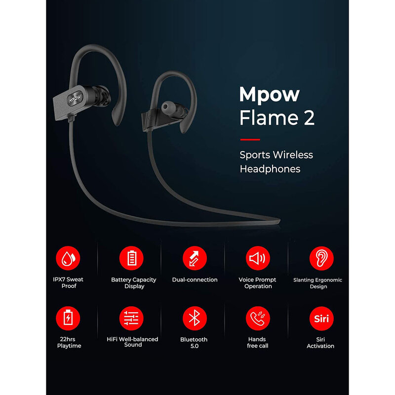 Mpow Ngọn Lửa 2 Bluetooth IPX7 Chống Nước Không Dây Tai Nghe Nhét Tai Thể Thao W/CVC6.0 Loại Bỏ Tiếng Ồn Mic Tai Nghe Cho Thể Thao Tập Gym