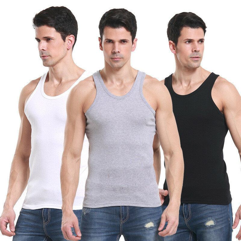 Camiseta sin mangas de algodón 100% para hombre, chaleco muscular sólido, ropa interior de cuello redondo para gimnasio, 3 unids/lote