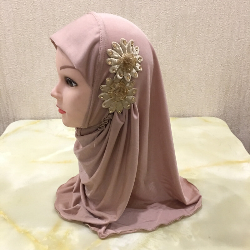 Pañuelo islámico de seda de hielo para niña, Hijab musulmán, flor, pañuelo para la cabeza, turbante árabe para niños, listo para usar sombrero de adoración, regalo de Ramadán