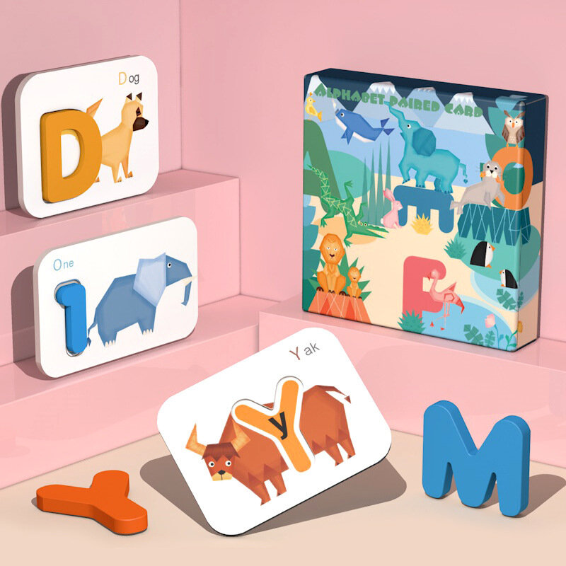Алфавитные карточки с цифрами для детей, набор для пазлов, деревянные буквы, цифровые Мультяшные животные, детская игрушка, товары для ранне...
