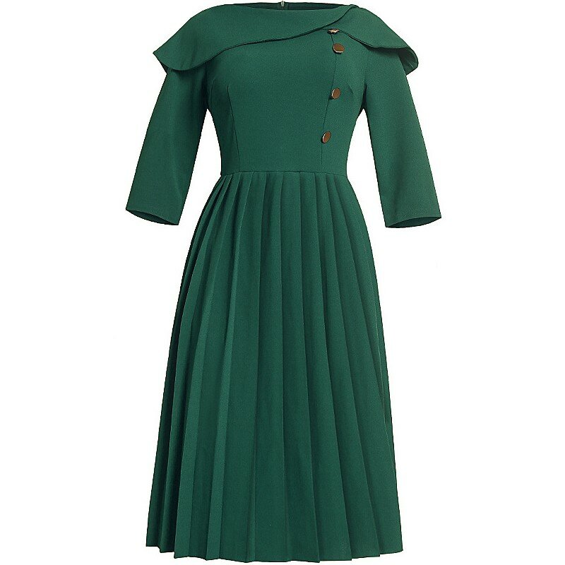 African Pleated Dress Women 3/4 Sleeve High Waist Gown With Button Autumn New Solid Fashion Elegant Office Lady African Dresses