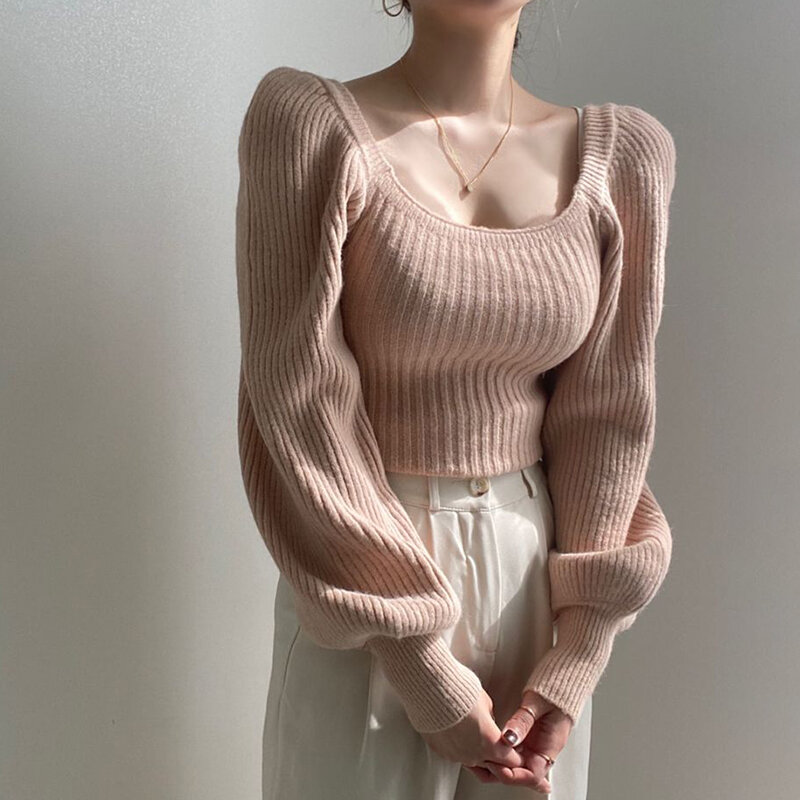 Sweter Pullover Rajutan Lengan Puff Kerah Persegi Warna Solid Vintage untuk Wanita