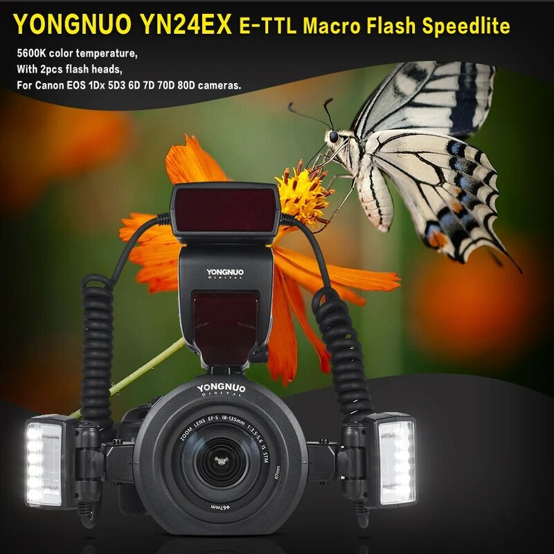 YONGNUO Speedlite Flash E-TTL Cincin Makro YN24EX YN24 EX dengan 2 Buah Kepala Flash 4 Buah Cincin Adaptor untuk Kamera Canon EOS 5D3