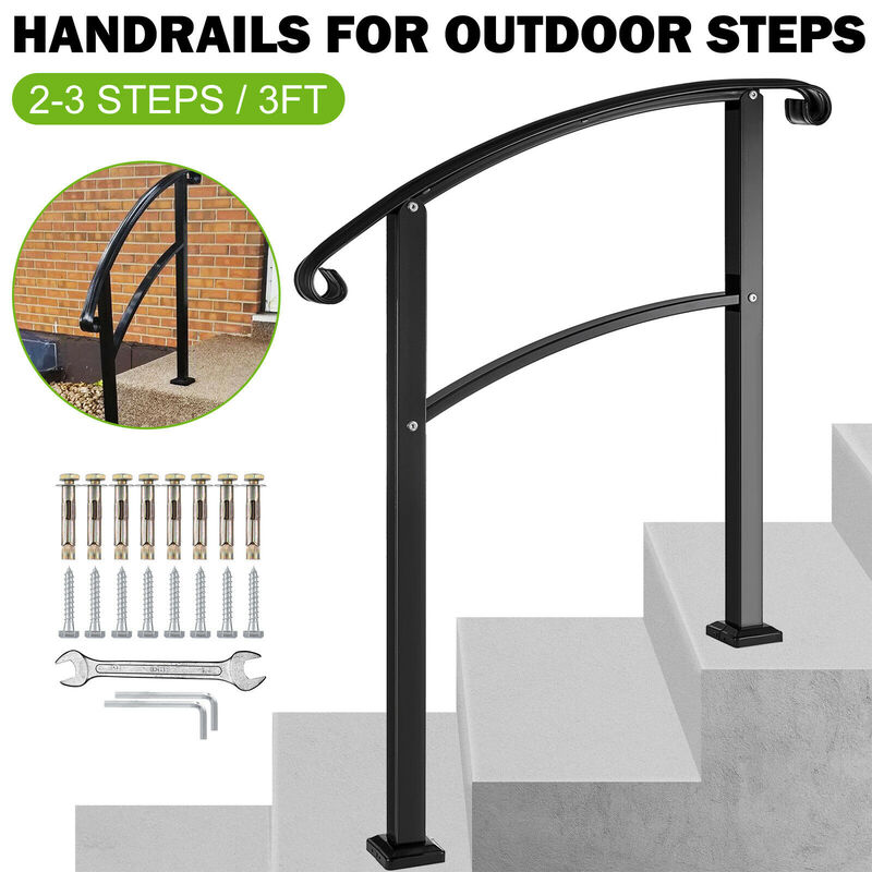 Pasamanos de hierro de 2-3 escalones, herramientas de Barandilla de escalera de arco negro, barandillas de mano de entretiempo delanteras para exteriores con Kits