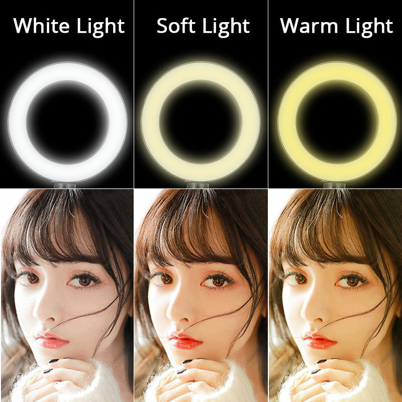 Dimmable 26cm Ring Light 3200-5500K Warm Cold Lamp With Long Arm Desktop Tablet Phone Holder Video Live Photography Selfie Light
