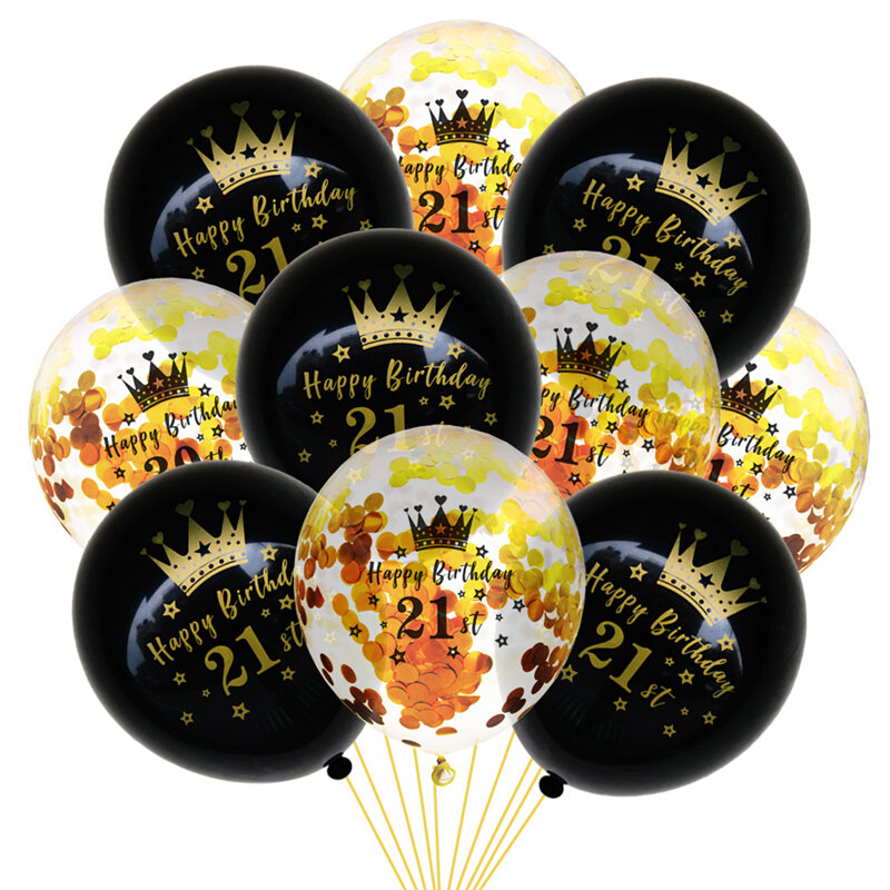 Globos de látex de confeti para adultos, decoración de fiesta de cumpleaños, 10 piezas, corona negra y dorada, feliz 18, 21, 30, 40, 50 ° cumpleaños