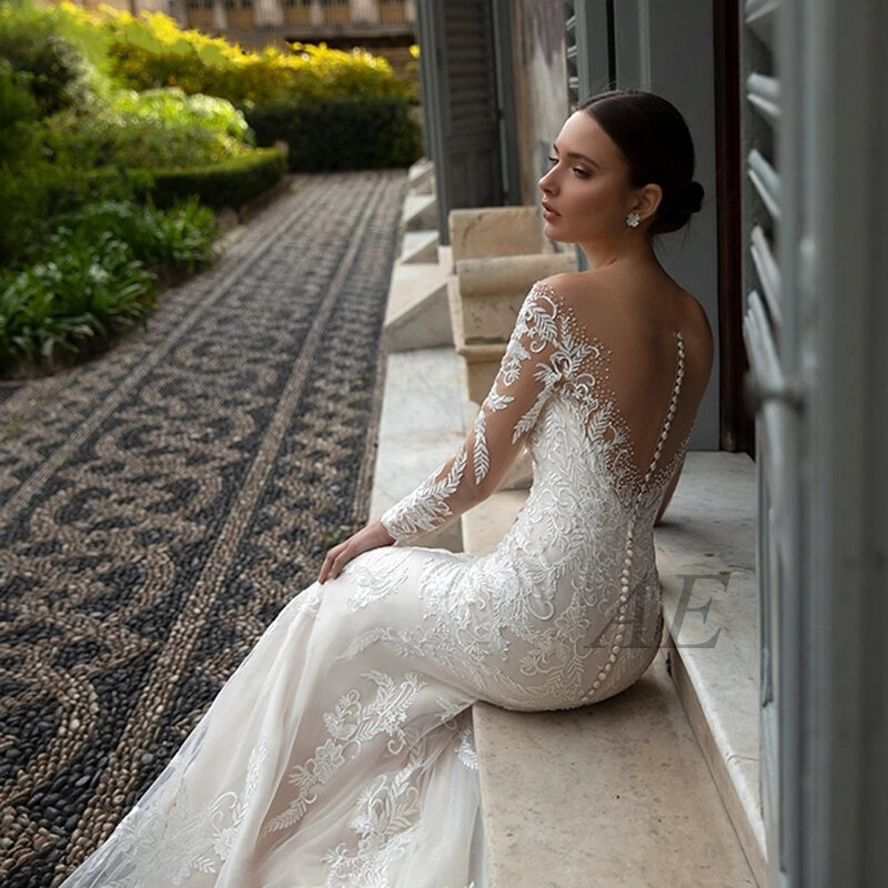 Vestido De Noiva Elegant Mermaid Lace Appliques ชุดแต่งงาน V คอตักยาวแขนทรัมเป็ตชุดเจ้าสาว Свадебное Платье