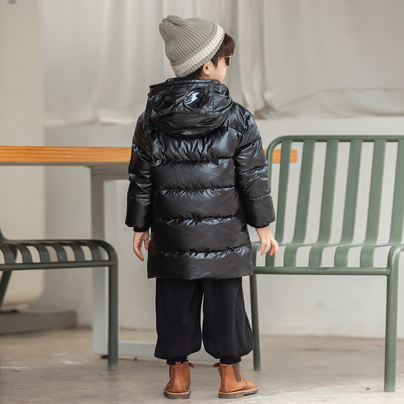 Crianças escolares jaquetas de inverno crianças para baixo algodão casacos comprimento roupas infantis moda couro brilhante engrossar macacão