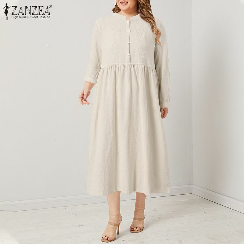 Mais tamanho zanzea feminino vintage floral bordado vestido de verão outono manga comprida algodão vestido casual botões festa midi vestido robe