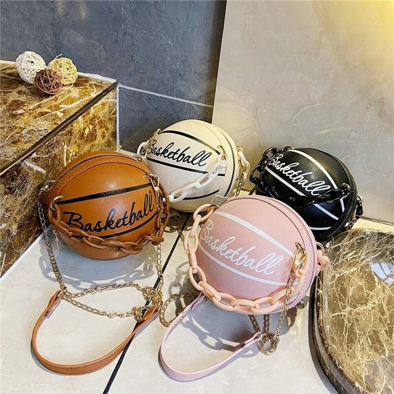 Sac à main en forme de basket-ball pour femmes, Design spécial, chaînes, lettre, à bandoulière, Mini sacs circulaires en cuir