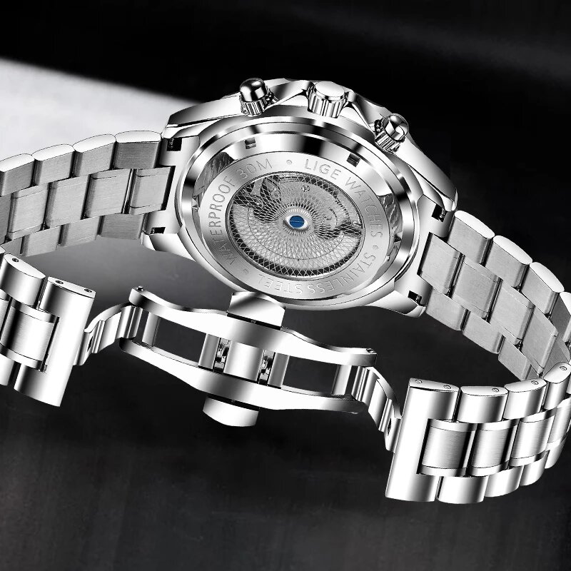 LIGE – montre de luxe en acier pour hommes, étanche, automatique, mécanique, Tourbillon, 2021