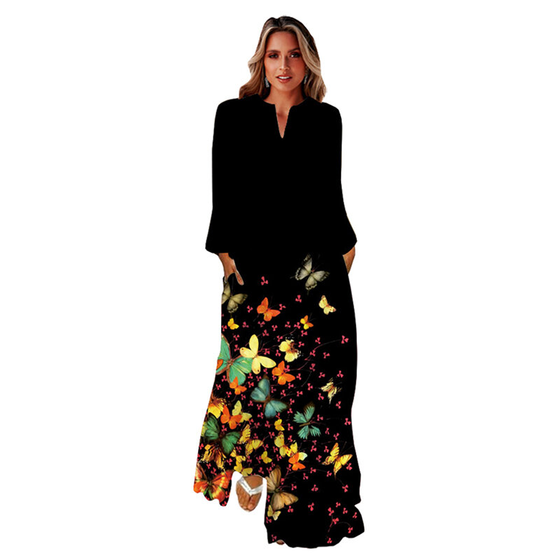 WAYOFLOVE 2022 sukienka z długim rękawem jesienno-zimowa plaża Casual 3D z nadrukiem w liście długie sukienki kobieta elegancki luźny czarny damski strój