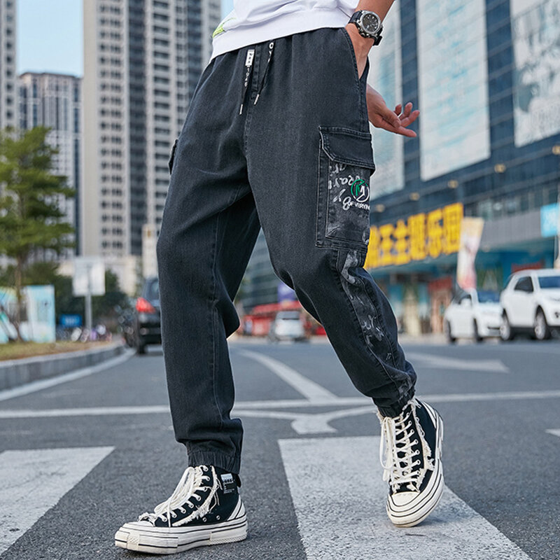 Calça jeans masculina plus size, estilo de rua, baggy, com vários bolsos, para inverno