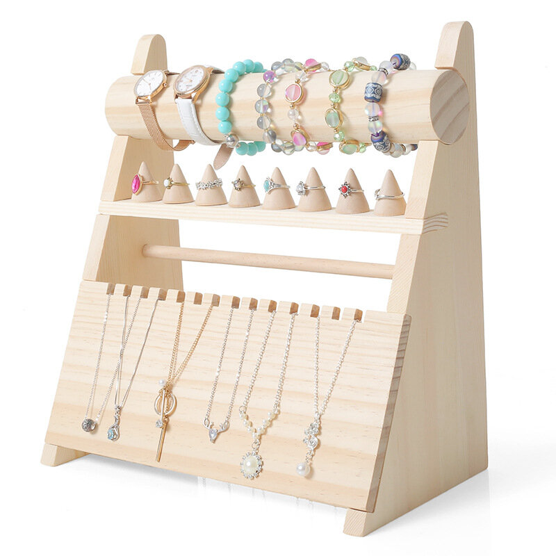 Rack de exibição de jóias de madeira maciça, rack de armazenamento de jóias colar, prateleira, acessórios de exibição, rack de exibição de jóias