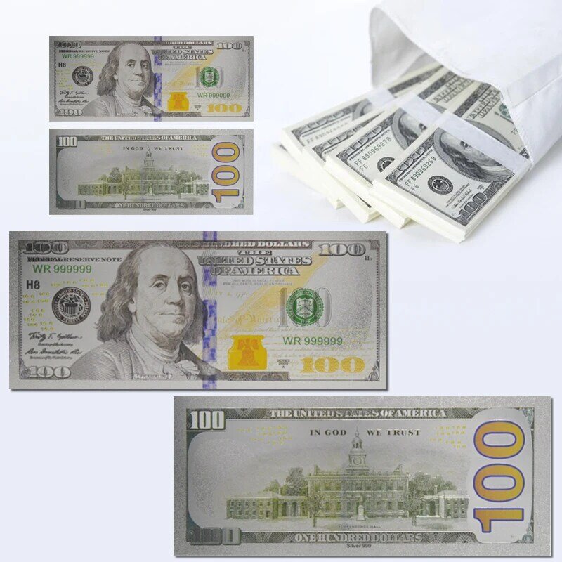 100 دولار أمريكي فضية احباط مطلي الأوراق النقدية الدولار الأمريكي بيل وهمية المال USD فاتورة تذكارية هدية عملة العالم الأوراق النقدية جمع