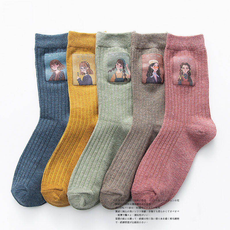Хлопковые женские короткие носки, милые Мультяшные принты для девушек, Короткие однотонные японские модные носки в стиле Харадзюку, A213, вес...