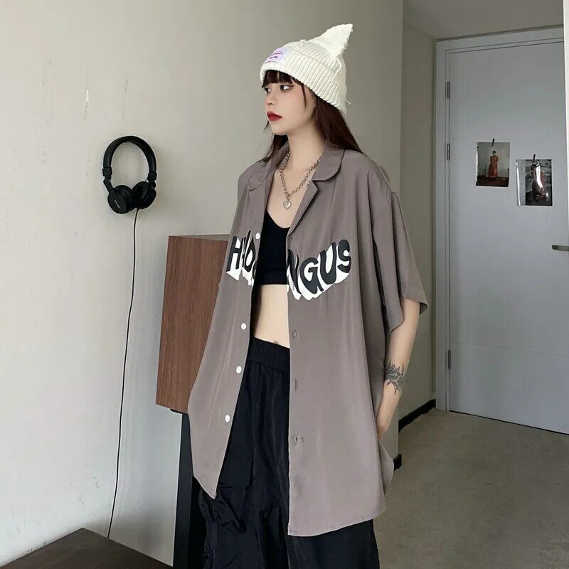 Mode Kurzarm Brief Hemd ins Sommer Frauen Oversize Lose Japanische Klassische Gedruckt Digitale Tops Mode Mantel Korea 2021