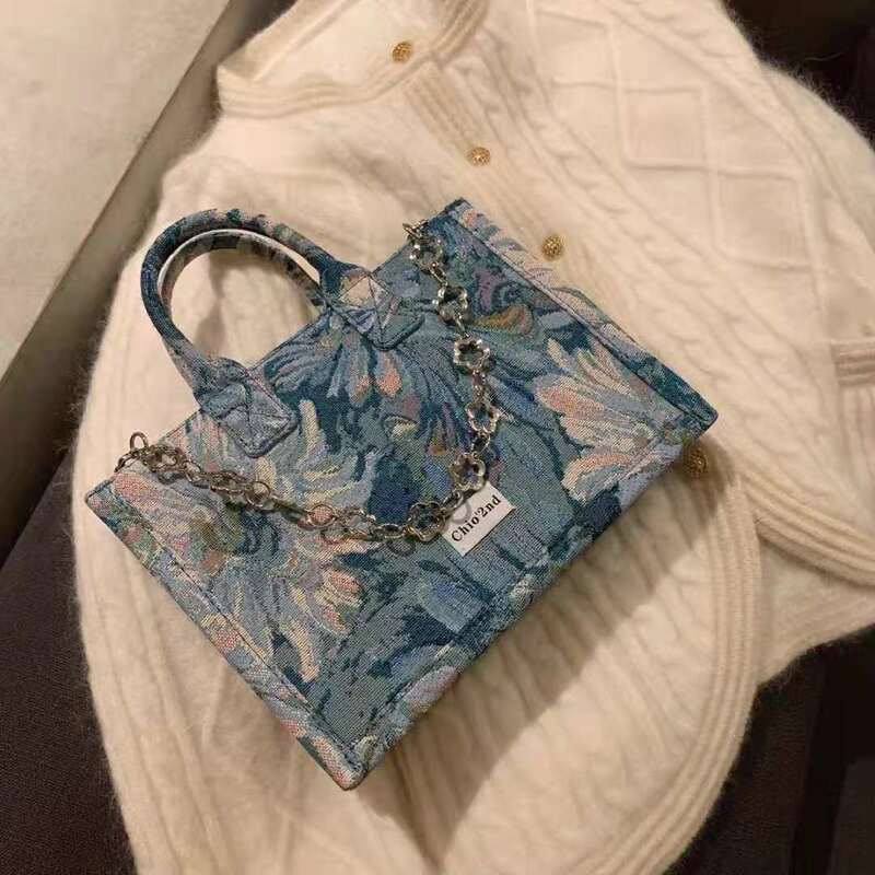 Monet blues-女性のための芸術的なプリントハンドバッグ,フラワーチェーン付きの新しい装飾的な正方形のキャンバス2021,大容量,すべてと互換性があります