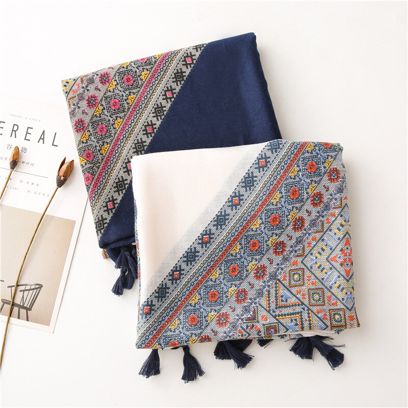 2021 Newest Women Geo Printed Scarf Cotton Tassel Scarf Shawls Wraps Hijabs