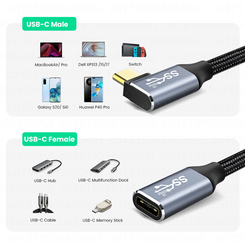 HD 4K USB C สายเคเบิลขยาย100W PD 5A โค้งด้านขวา90องศา Gen 2 USB 3.1ประเภท C สำหรับสายไฟสำหรับ Macbook Samsung แล็ปท็อป