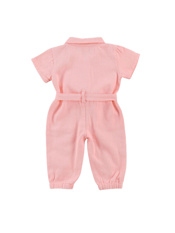 女の赤ちゃんワンピースジャンプスーツ幼児シングルブレストベルトポケット半袖ロンパース幼児子供固体ロンパース