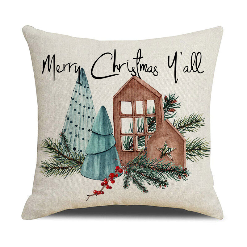 Christmas Cushion Cover Simple Painting Printed Pillow Covers 18x18 Inches Xmas Decorations Candle Bird Flower Linen Pillowcase