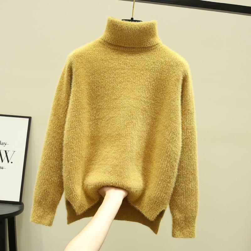 가을 겨울 스웨터 여성 니트 패션 느슨한 캐주얼 두꺼운 스웨터 솔리드 컬러 긴 소매 플러스 크기 따뜻한 숙 녀 풀 오버