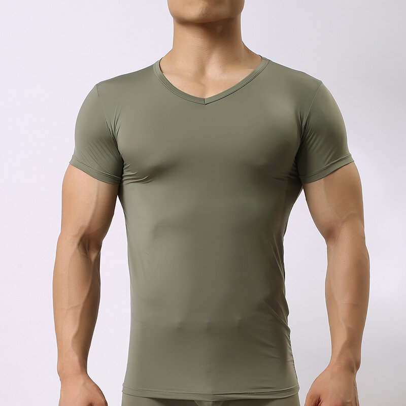 Sexy Ultradunne Sheer Man Fitness Polyester Hemdjes Gay Ijs Zijde V-hals Transparante Shirts Sexy Nieuwe Mode
