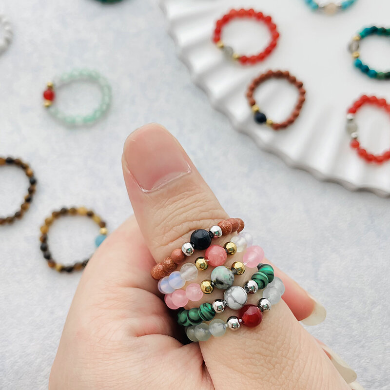 Boho Cincin Batu Alami untuk Wanita Mode Muticolor Cincin Elastis Baja Tahan Karat Cincin Manik Perak Emas Hadiah Liburan Perhiasan