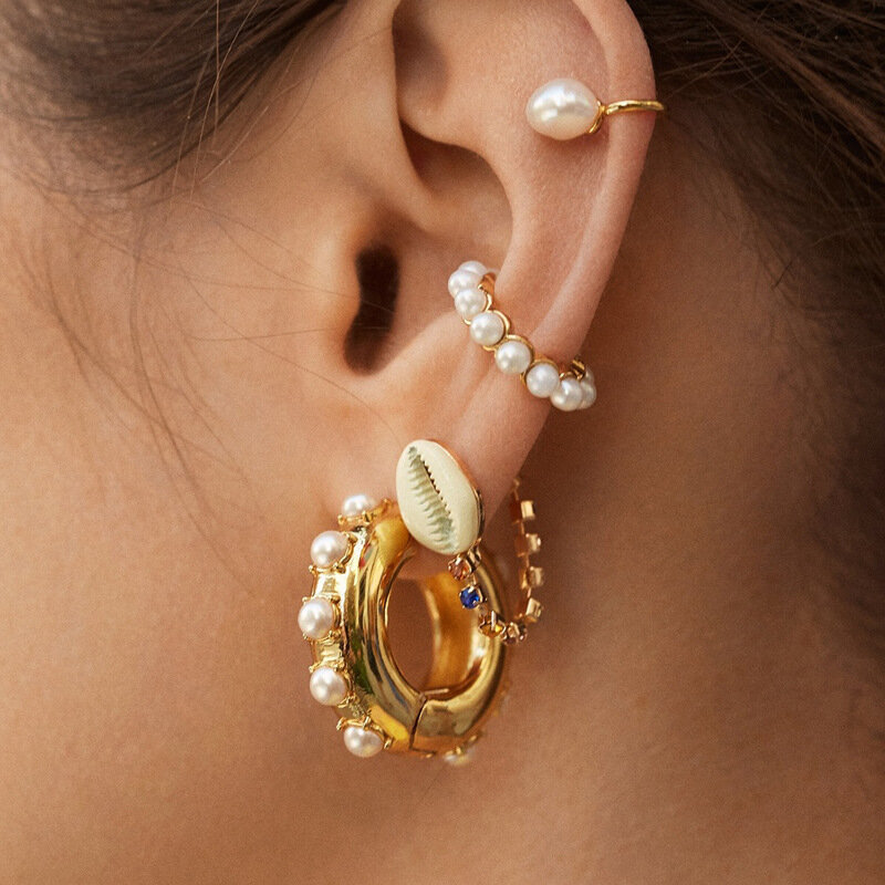 New Boho White Imitation Pearl Round Circle Hoop Earrings Women Gold Color Big Earings Korean Jewelry Brincos Statement Earrings