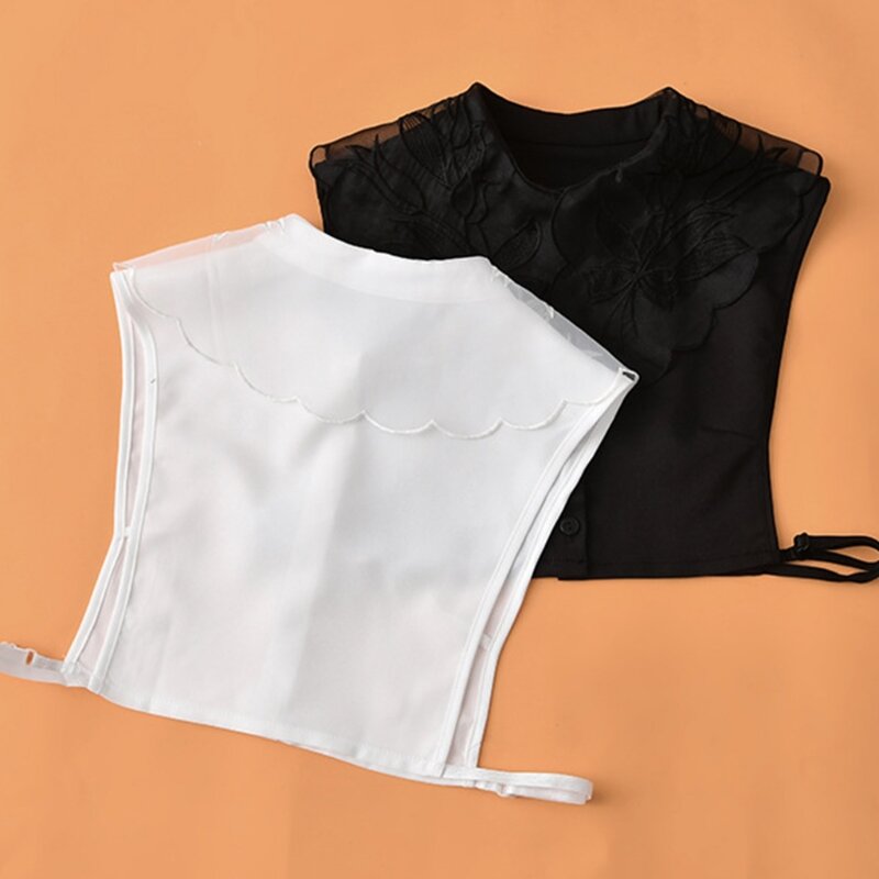 قميص شيفون مع طية صدر السترة ، بلوزة مطرزة بالزهور ، ياقة مزيفة قابلة للفصل
