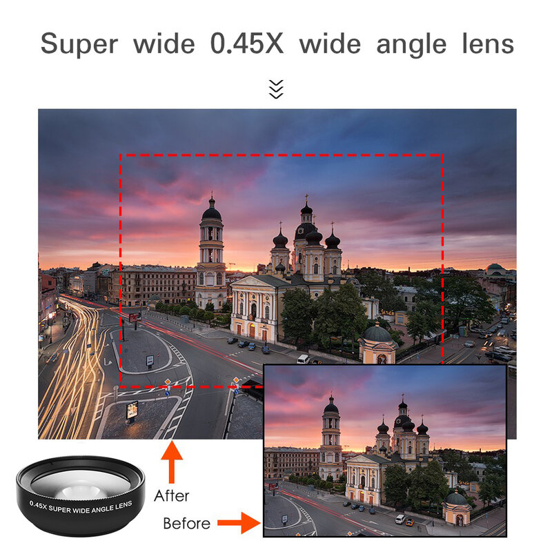 0.45x 광각 렌즈 + 12.5x 매크로 휴대폰 렌즈 HD 광각 사진, 포토 마이크로 그래피는 대부분의 스마트 폰에 적합합니다.