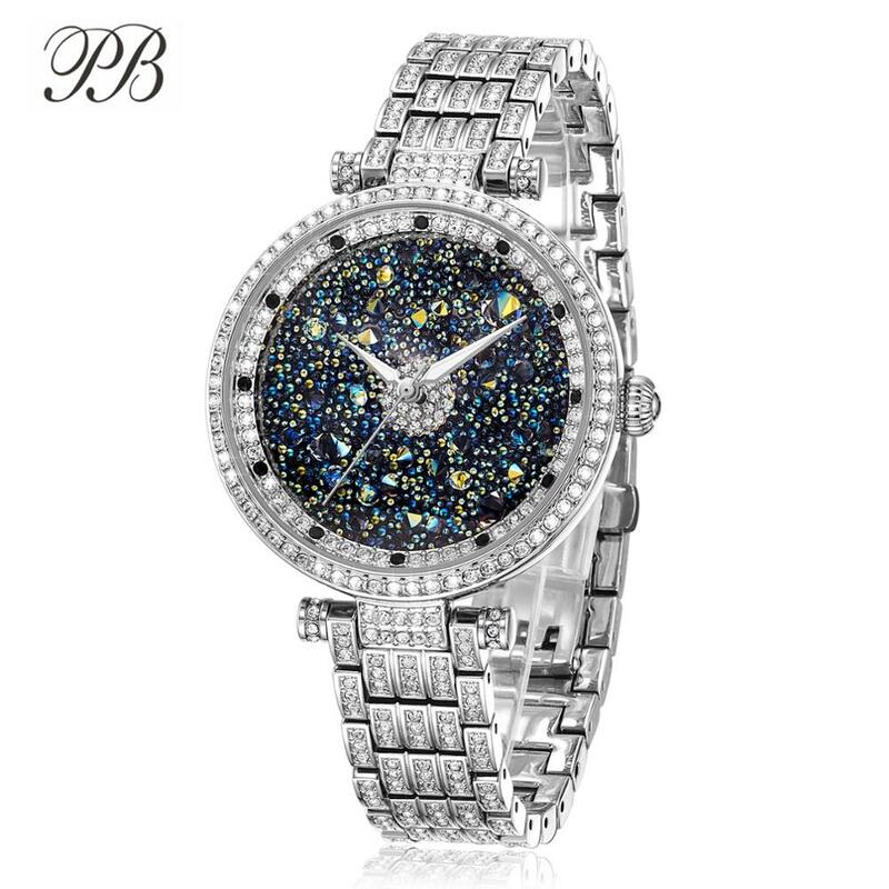 PB zegarek damski gwiaździste niebo wybierz kryształ górski srebrny zegarki damskie kryształowy pasek do łańcucha wodoodporny kwarcowy luksusowa marka
