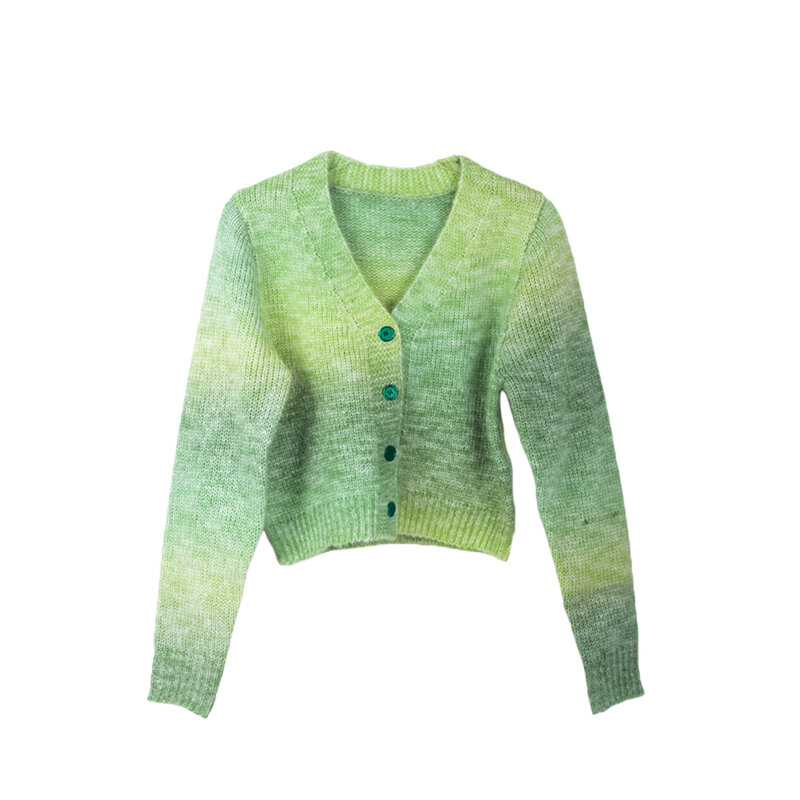 Tops cortos con gradiente para mujer, cárdigan de punto de manga larga con cuello en V y botones, verde y azul