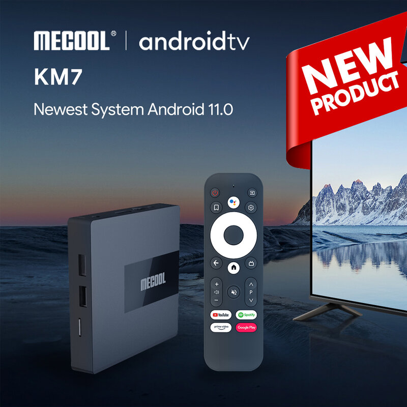 Mecool km7 android 11 caixa de tv google certificou 4gb 64gb amlogic s905y4 ddr4 android 5g wifi vídeo principal netflix 4k media player