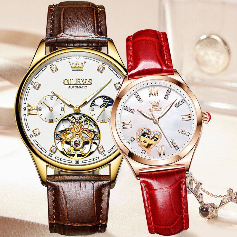 OLEVS 2021 Quality Couple Mechanical Watch Fashion Business Men's Watch Moon Phase Luminous Leather Luxury Sports Watch 3601