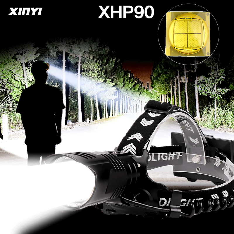 Lanterna de cabeça poderosa xhp90 70/50 lm, farol com 3 modos de zoom, lanterna para acampamento, usb, recarregável