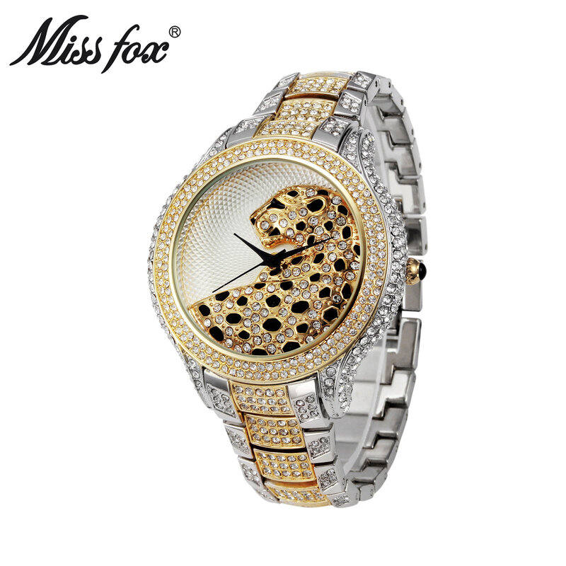 Fräulein Fox Heißer Leopard Uhr Mode Weibliche Goldene Uhr Charme Volle Diamant Marke Gold Uhr Frauen Handgelenk Business Quarz Uhren