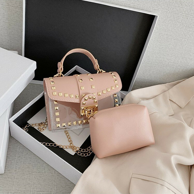 Brand Designer Woman 2020 New Fashion Messenger Bag Chains Korean Shoulder Bag Female Rivets Transparent Small Square PU Handbag