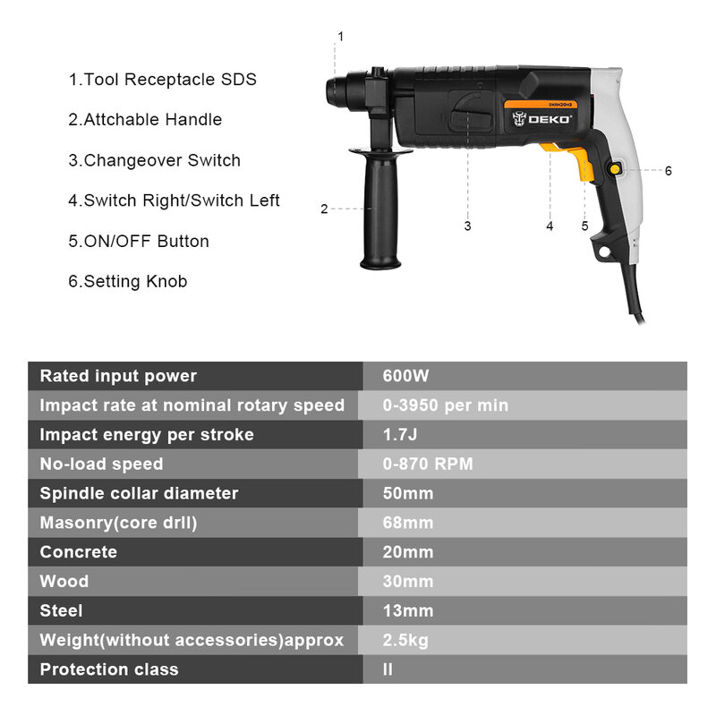 DEKO  Multifunctional Rotary Hammer with BMC&3pcs Accessories Electric Demolition Hammer Impact Drill Punch Power Tools