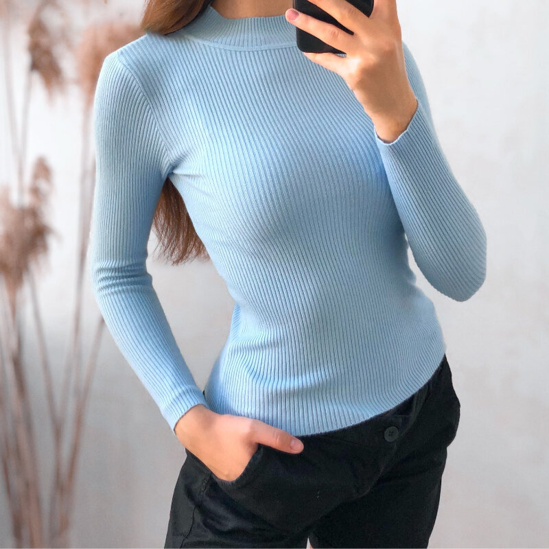 Sweater Wanita Musim Gugur Musim Dingin Turtleneck Sweater Rajutan Atasan Wanita Baju Sweater Bergaris Ramping Pendek Lengan Panjang