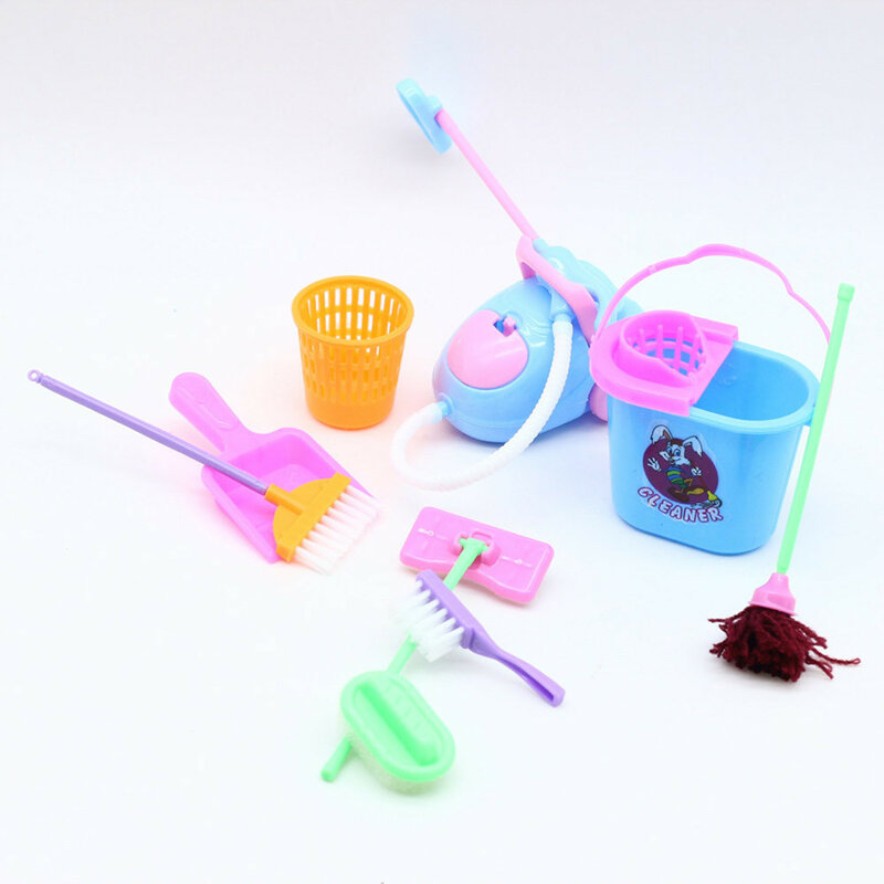 Mini muñecas de juego de simulación, mopa, escoba, Kit de limpieza para juguetes bonitos para niños, Kit de herramientas para muebles, casa de muñecas, juguetes de limpieza